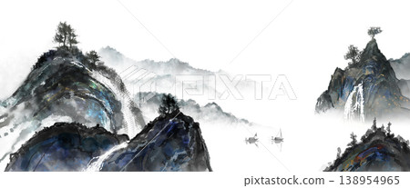 New Chinese and Japanese style landscape architecture illustration with traditional aesthetic art imagery 138954965