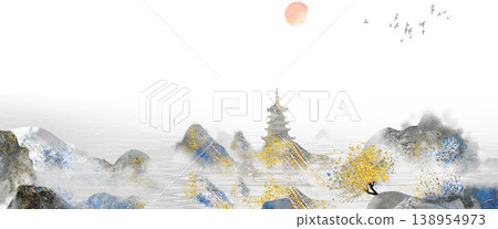 New Chinese and Japanese style landscape architecture illustration with traditional aesthetic art imagery 138954973
