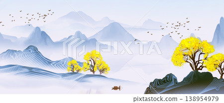 New Chinese and Japanese style landscape architecture illustration with traditional aesthetic art imagery 138954979