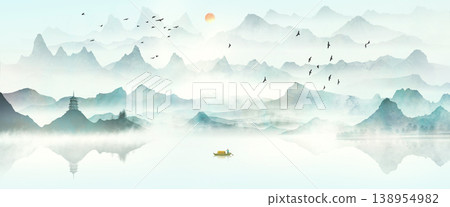 New Chinese and Japanese style landscape architecture illustration with traditional aesthetic art imagery New Chinese and Japanese style landscape architecture illustration with traditional aesthetic art imagery 138954982