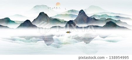 New Chinese and Japanese style landscape architecture illustration with traditional aesthetic art imagery New Chinese and Japanese style landscape architecture illustration with traditional aesthetic art imagery 138954995