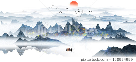 New Chinese and Japanese style landscape architecture illustration with traditional aesthetic art imagery 138954999