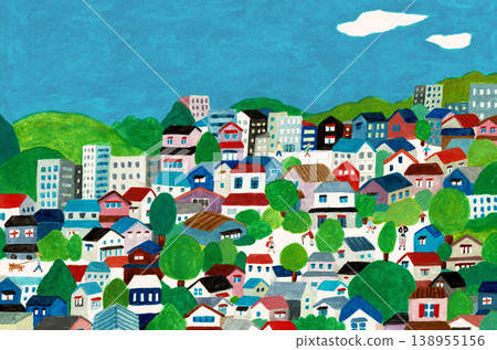 Colorful townscape and people's lives: An overhead view of the city in an illustration. Colorful townscape and people's lives: An overhead view of the city in an illustration. 138955156