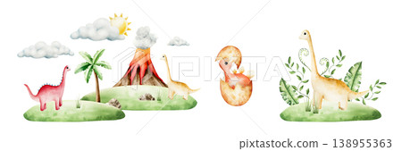 Scenes with dinosaurs, volcano eruption, baobab, pterodactyl, dino egg, clouds. Watercolor hand drawn prehistoric triceratops, diplodocus, Spinosaurus, Brachiosaurus animal. Isolated illustration on 138955363
