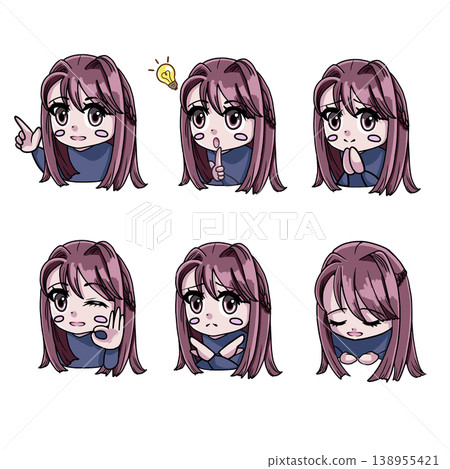 商務風面部表情和姿勢合集 - 擁有清爽夏日膚色的女孩Q版人物彩色插畫 138955421