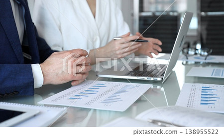 Business professionals in a meeting analyze financial charts and reports on a laptop and documents, pointing at data while planning investment strategy and growth in a modern office Business professionals in a meeting analyze financial charts and reports on a laptop and documents, pointing at data while planning investment strategy and growth in a modern office 138955522