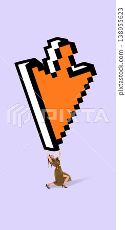 Woman lifting giant orange cursor arrow above head on minimal background. Woman lifting giant orange cursor arrow above head on minimal background. 138955623