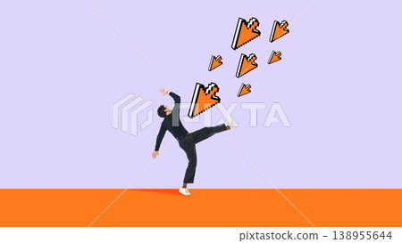 Man dodging multiple falling cursor arrows on minimal colorful background. 138955644