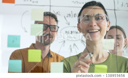 Business people team brainstorming strategic goals, mapping innovative concepts on transparent whiteboard with colorful sticky notes and black marker in modern office 138955656