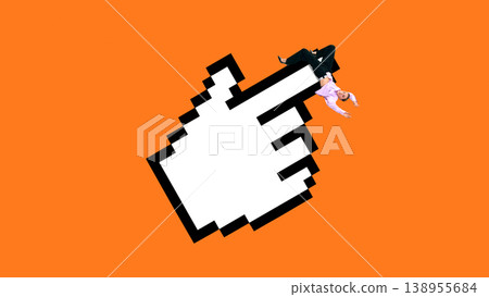 Woman lying on oversized cursor pointer on bright orange background surreal graphic composition. 138955684
