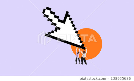 Two people holding giant cursor pointer above head standing on minimal background with orange circle. 138955686