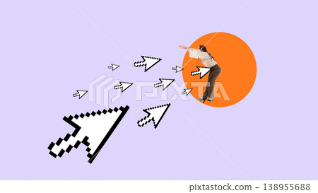 Woman pushed by multiple cursor arrows toward bright circle on purple background. 138955688