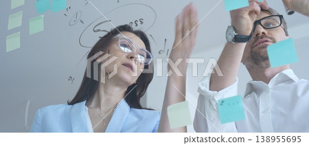 Business colleagues collaborating on an innovative project, brainstorming ideas and developing a strategic plan using sticky notes on a clear glass whiteboard 138955695