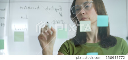 Businesswoman writing notes on glass board, surrounded by sticky papers during strategic planning meeting in sunlit corporate workspace 138955772