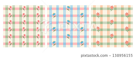 Seamless pastel plaid pattern with cute flowers, gingham check geometric texture Seamless pastel plaid pattern with cute flowers, gingham check geometric texture 138956155