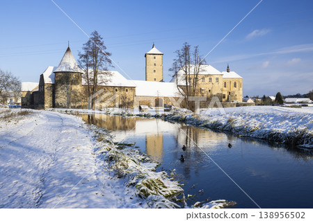 Zumberk fortress reflecting in river during winter Zumberk fortress reflecting in river during winter 138956502