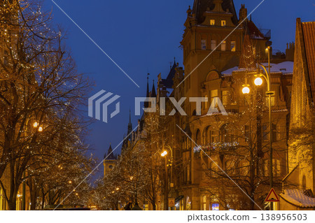 Prague old town street decorated with Christmas lights at night Prague old town street decorated with Christmas lights at night 138956503