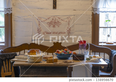 Traditional Czech Easter celebration decorating eggs in historic home 138956670