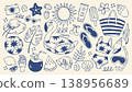 Mediterranean summer vector set with beach icons and tropical elements. Hand drawn blue travel illustrations featuring flamingo, sun and fruits for modern vacation branding and coastal design 138956689