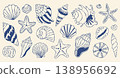 Mediterranean seashells vector set featuring blue hand drawn marine icons. Elegant nautical starfish and sea shells collection for coastal branding and summer design projects. Vector art set 138956692