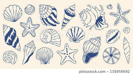 Mediterranean seashells vector set featuring blue hand drawn marine icons. Elegant nautical starfish and sea shells collection for coastal branding and summer design projects. Vector art set 138956692
