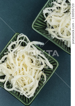 Dried Squid Snack in Bowl on Table, Seafood Concept. Dried Squid Snack in Bowl on Table, Seafood Concept. 138956720