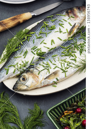 Salted herring with dill and green onion 138956743