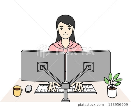 一幅描繪女性在辦公桌前使用電腦的插圖。 138956909