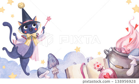 Watercolor frame with a cute cat dressed as a fairy Watercolor frame with a cute cat dressed as a fairy 138956928