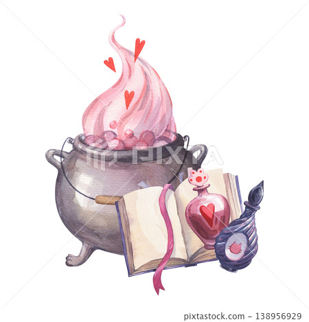 A magic cauldron and a book of magic potions A magic cauldron and a book of magic potions 138956929
