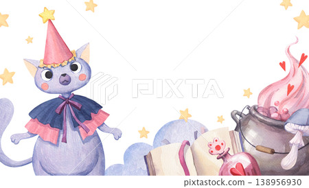 Watercolor frame with a gray cat in a fairy costume and a magic cauldron and books Watercolor frame with a gray cat in a fairy costume and a magic cauldron and books 138956930