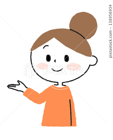 An illustration of a casually dressed woman extending one hand to guide someone. 138956934