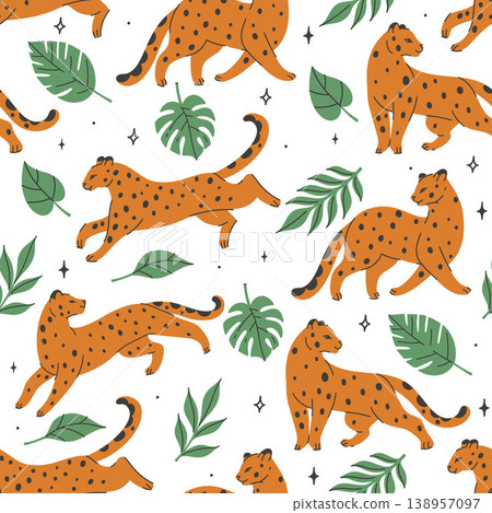Seamless pattern with leopards in various poses and tropical leaves. Vector graphics. 138957097