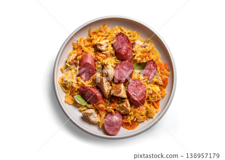 Polish Bigos meal or Hunter's stew with sausages, meat and cabbage 138957179
