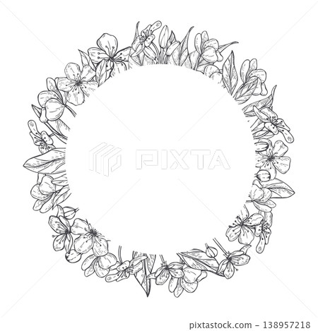 Floral wreath frame with spring fruit tree flowers. Hand drawn sketch illustration of cherry blossom. Decorative border element for wedding invitation, greeting card and botanical design project. Floral wreath frame with spring fruit tree flowers. Hand drawn sketch illustration of cherry blossom. Decorative border element for wedding invitation, greeting card and botanical design project. 138957218
