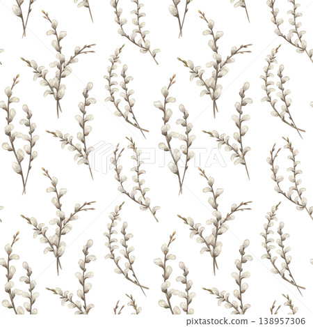 Seamless pattern with hand painted watercolor pussy willow branches. Botanical repeat texture with fluffy spring twigs for easter decoration, wedding invitation and fabric print design. Seamless pattern with hand painted watercolor pussy willow branches. Botanical repeat texture with fluffy spring twigs for easter decoration, wedding invitation and fabric print design. 138957306