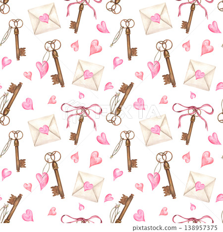 Seamless pattern with watercolor antique key, pink heart and envelope. Romantic ornate for Valentine Day. Illustration of love symbols and vintage objects for greeting card design. Seamless pattern with watercolor antique key, pink heart and envelope. Romantic ornate for Valentine Day. Illustration of love symbols and vintage objects for greeting card design. 138957375