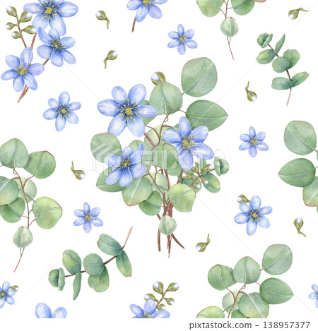 Watercolor seamless pattern with blue hepatica flowers and green eucalyptus leaves. Botanical floral illustration for wrapping paper, textile print and spring greeting card design. Watercolor seamless pattern with blue hepatica flowers and green eucalyptus leaves. Botanical floral illustration for wrapping paper, textile print and spring greeting card design. 138957377