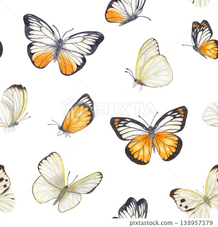 Seamless pattern with hand painted watercolor fluttering butterflies. Flying insects in orange and white color illustration on isolated background. For textile, wallpaper, organic product design 138957379