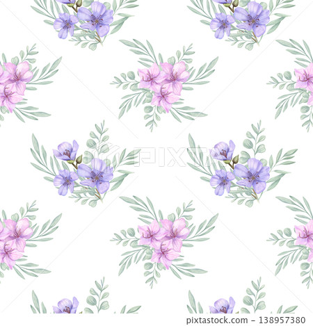 Watercolor purple and pink wild flowers on green leaves seamless pattern on isolated background. Spring blooming flower heads and foliage botanical repetitive textile print for fabric design. 138957380