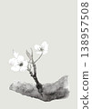 一幅單色梨花枝插圖，以水彩風格繪製，令人聯想到水墨畫。 [手繪] 單色背景，留有臨摹空間。 138957508