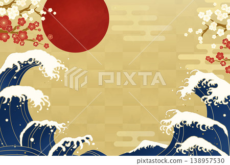 Japanese New Year's Background: Large Waves, Plum Blossoms, and a Red Sun - Traditional Japanese Design Template Japanese New Year's Background: Large Waves, Plum Blossoms, and a Red Sun - Traditional Japanese Design Template 138957530