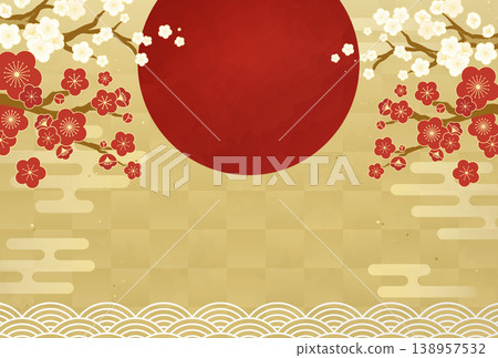 Japanese-style New Year's card template with plum blossoms and the first sunrise of the year. Japanese-style New Year's card template with plum blossoms and the first sunrise of the year. 138957532