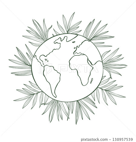 Earth globe sketch surrounded by tropical palm leaves vector monochrome line art. Hand drawn world map illustration. Concept of ecology, nature conservation, environment protection and sustainability 138957539