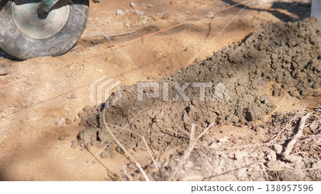 Preparing Mortar Stack For Groundwork. Site Arrangements With Mortar Around Foundation Marks. Details Of Construction Site Including Foundation Mortar Preparation And Setup 138957596
