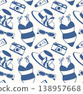 Seamless pattern with camera, swimsuit, hat, sunglasses, and sunscreen lotion for summer vacation travel. Flat style illustration for fabric, paper. 138957668