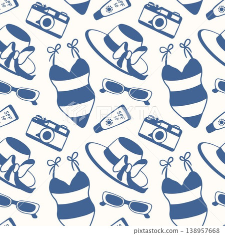 Seamless pattern with camera, swimsuit, hat, sunglasses, and sunscreen lotion for summer vacation travel. Flat style illustration for fabric, paper. Seamless pattern with camera, swimsuit, hat, sunglasses, and sunscreen lotion for summer vacation travel. Flat style illustration for fabric, paper. 138957668