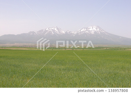 Mount Hasan Volcano Cappadocia Landscape. Majestic snow-capped Mount Hasan peaks over green spring fields in Cappadocia, Turkey. Mount Hasan Volcano Cappadocia Landscape. Majestic snow-capped Mount Hasan peaks over green spring fields in Cappadocia, Turkey. 138957808