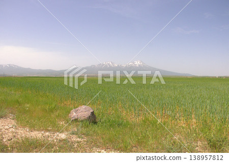 Mount Hasan Volcano Cappadocia Landscape. Majestic snow-capped Mount Hasan peaks over green spring fields in Cappadocia, Turkey. 138957812