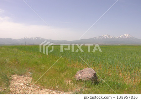 Mount Hasan Volcano Cappadocia Landscape. Majestic snow-capped Mount Hasan peaks over green spring fields in Cappadocia, Turkey. 138957816